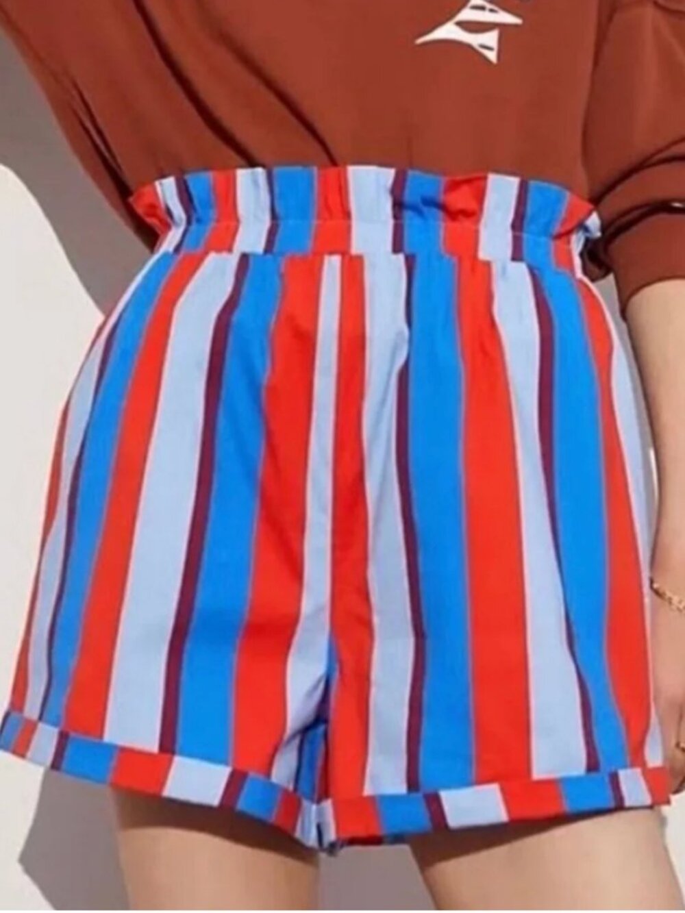 Farm Rio x Anthropologie Paperbag High Waist Blue Red Striped Shorts Size M - Picture 2 of 5